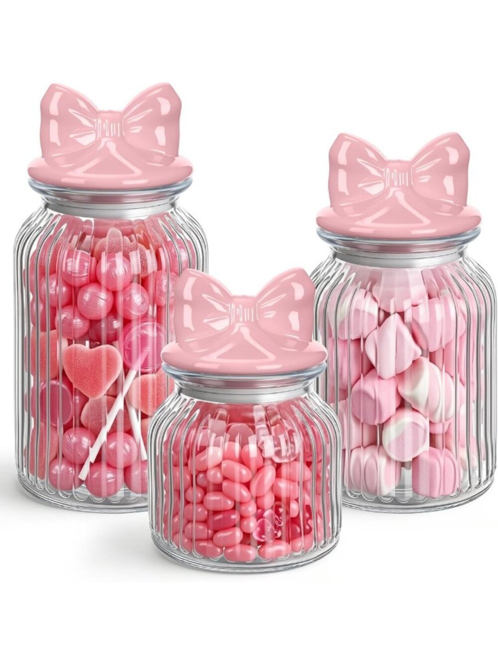 Set of 3 Pink Bow Glass Jars with Ceramic Lids - Cute Storage Canisters for